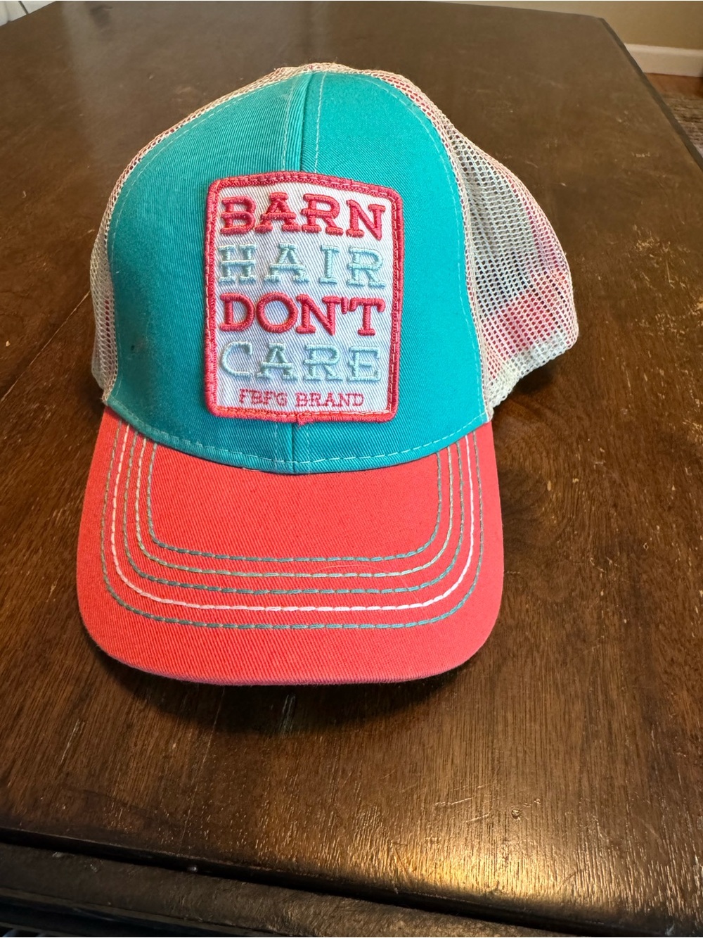 "Barn Hair Don't Care" Teal and Coral Mesh Trucker Hat